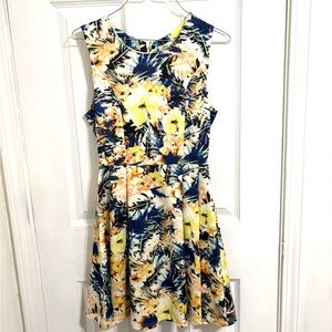 Floral Sleeveless Midi Dress in Yellow & Navy